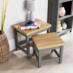 Home Source Nest of 2 Tables Coffee Occasional Side End 36mm Oak Top Nested Set in Dark Grey - thumbnail 2