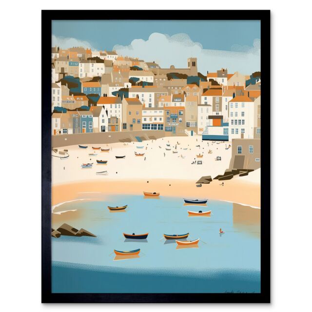 "Artery8 Wall Art Print Small Boats in St Ives Bay Coastal Cityscape Art Framed in Black - Size: W12"" x H16""" - image 1