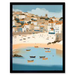 "Artery8 Wall Art Print Small Boats in St Ives Bay Coastal Cityscape Art Framed in Black - Size: W12"" x H16""" - thumbnail 1