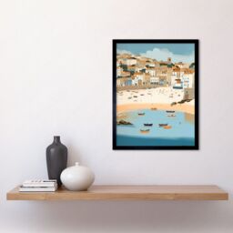 "Artery8 Wall Art Print Small Boats in St Ives Bay Coastal Cityscape Art Framed in Black - Size: W12"" x H16""" - thumbnail 2