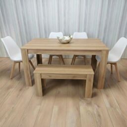 KOSY KOALA Dining Table Set Oak Effect Table With 4 White Plastic Chairs & Bench Dining Room Furniture in Beige - thumbnail 2