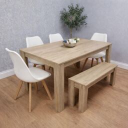 KOSY KOALA Dining Table Set Oak Effect Table With 4 White Plastic Chairs & Bench Dining Room Furniture in Beige - thumbnail 1