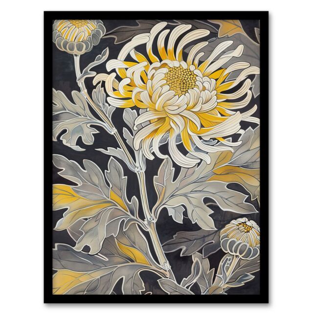 "Artery8 Yellow Chrysanthemum Flower Detailed Artwork Framed Art Print - Size: W12"" x H16""" - image 1