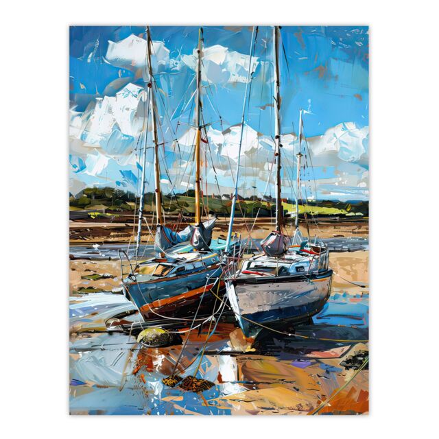 "Artery8 Two Sailboats on Alnmouth Beach Painting Coastal Wall Art Print in Blue - Size: W24"" x H32""" - image 1