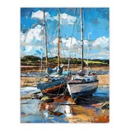"Artery8 Two Sailboats on Alnmouth Beach Painting Coastal Wall Art Print in Blue - Size: W24"" x H32""" - thumbnail 1