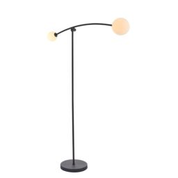 Loops Matt Black Standing Twin Floor Lamp Light - Gloss Opal Glass Shades - Adjustable