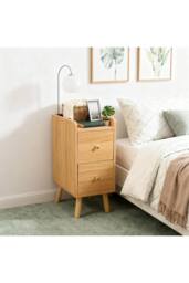 Living and Home Modern MDF Bedside Table with 2 Drawers in Natural - thumbnail 2