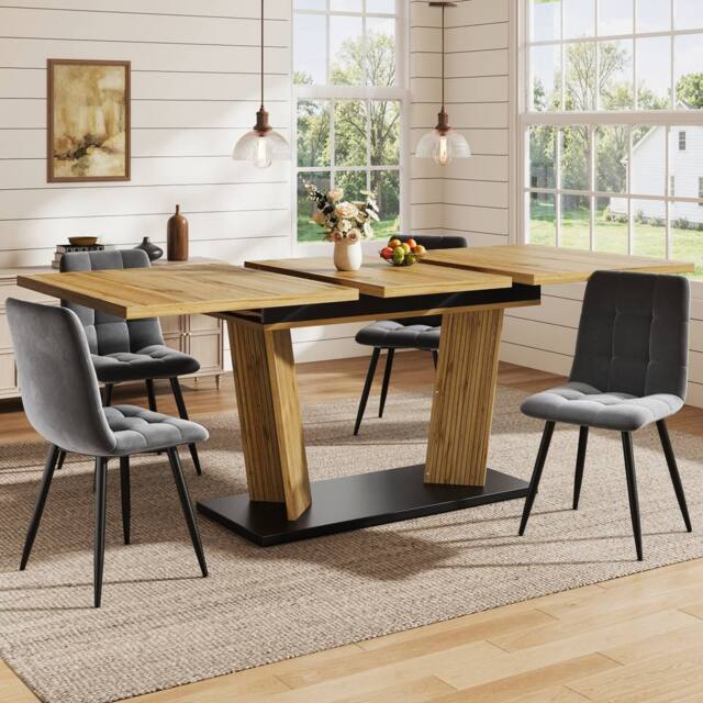 BTM Extendable Dining Table, Oak, Solid Wood Look, Stable Base, Anti-Slip Feet in Natural - image 1