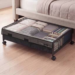 Levede Under Bed Storage Box with Lid, 48L Wheeled Storage, Metal Frame, Black - thumbnail 2