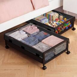 Levede Under Bed Storage Box with Lid, 48L Wheeled Storage, Metal Frame, Black - thumbnail 3
