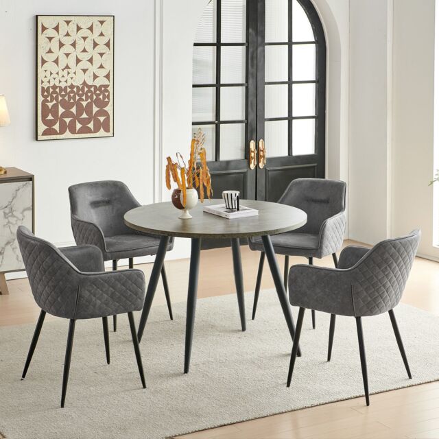 SONARA Grey Marble Round Dining Table with 4 Faux Suede Dining Chairs Set - image 1