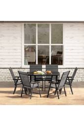 Living and Home 6-Seater Outdoor Garden Dining Table Set with Parasol Hole in Black - thumbnail 1