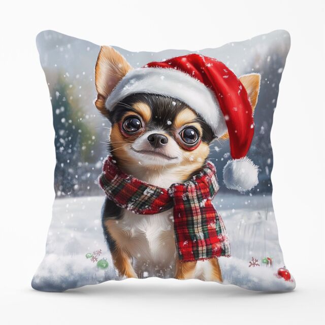 Warren Reed - Designer Snowy Christmas Chihuahua Cushion in Brown - Size: 45 cm x 45 cm - image 1