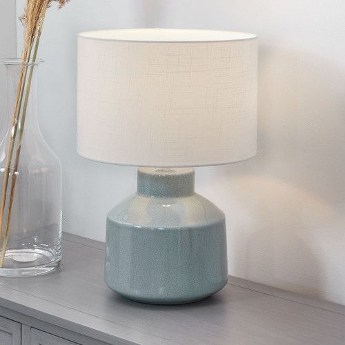 Ruma Small Crackle Effect Table Lamp Cream Ceramic Base White Drum Shade in Blue - image 1