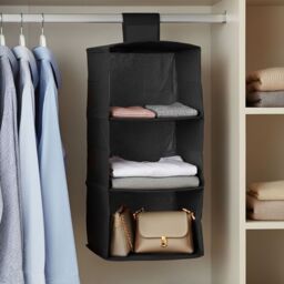 Orsina 3-Section Hanging Garment Organiser In Black, Compact Fabric Wardrobe Storage With Hook & Loop Fastening in Black - thumbnail 2