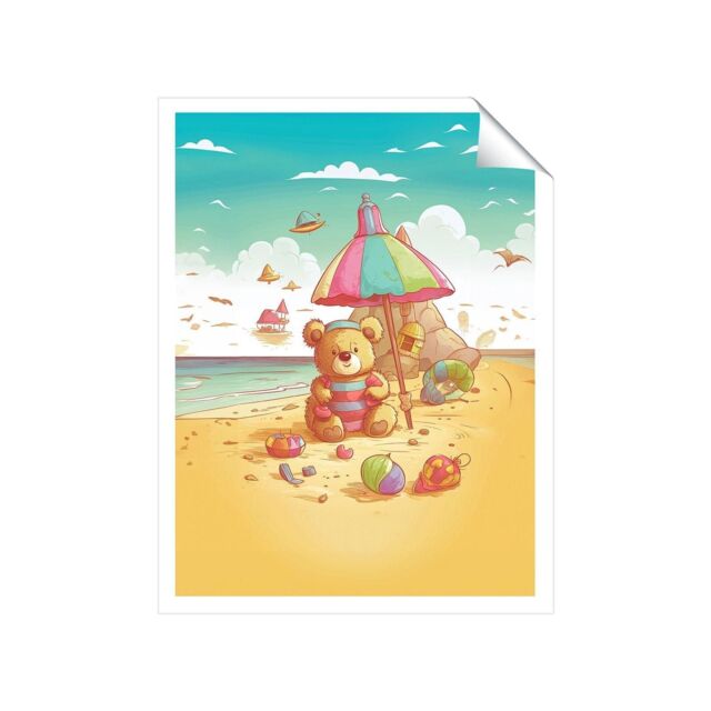"Warren Reed - Designer Lucky Teddy Bear On A Beach Holiday Unframed Art Print - Size: W24"" x H36""" - image 1