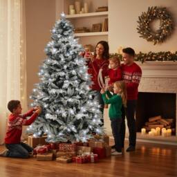 Shatchi Pre-Lit Artificial Christmas Tree Lapland - LED Cool White Lights with Snow Flocked Tips in Green - Size: 10ft - thumbnail 2