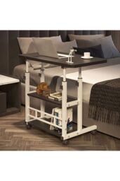 Living and Home Height Adjustable Mobile Table Overbed Desk with Shelves in Black