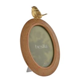 "Hestia Wood Effect Oval Frame with Gold Bird 4"" x 6"" in Brown"