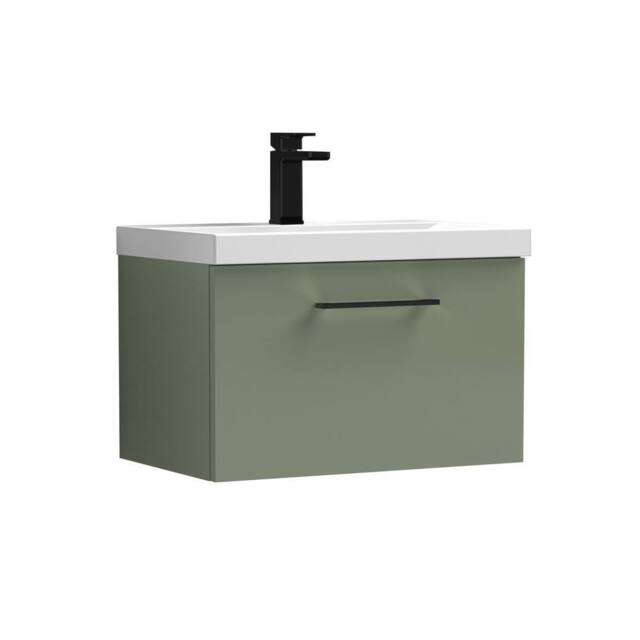 Balterley 600mm Wall Hung 1 Drawer Vanity Basin Unit, Satin Green, Black Handle in Green - image 1