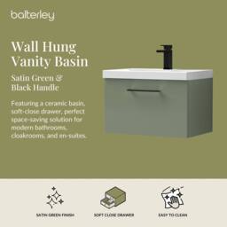 Balterley 600mm Wall Hung 1 Drawer Vanity Basin Unit, Satin Green, Black Handle in Green - thumbnail 2