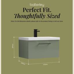 Balterley 600mm Wall Hung 1 Drawer Vanity Basin Unit, Satin Green, Black Handle in Green - thumbnail 5