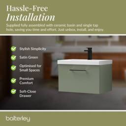 Balterley 600mm Wall Hung 1 Drawer Vanity Basin Unit, Satin Green, Black Handle in Green - thumbnail 4