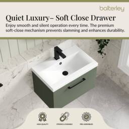 Balterley 600mm Wall Hung 1 Drawer Vanity Basin Unit, Satin Green, Black Handle in Green - thumbnail 3