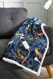 Deyongs Fox & Deer Navy Sherpa Fleece Low Energy Heated Throw 140x180cm - thumbnail 1
