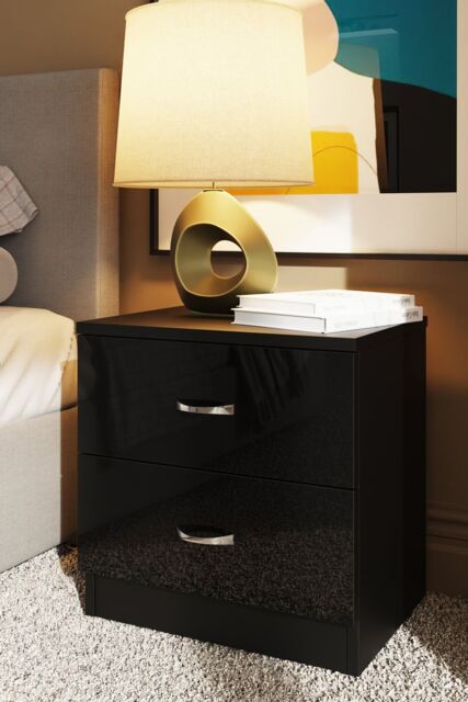 FWStyle Chilton 2 Drawer Bedside Table Chest Black Gloss (H) 46 (W) 45 (D) 40cm - image 1
