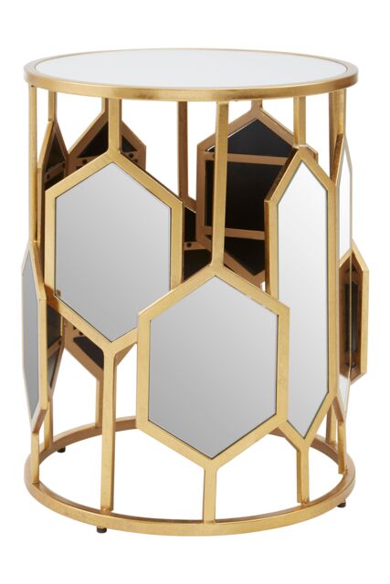 Orsina Luxe Side Table With Hexagonal Mirror, Modern Design Gold Finish Bedside Table, Round Table With Glass Top - image 1