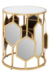 Orsina Luxe Side Table With Hexagonal Mirror, Modern Design Gold Finish Bedside Table, Round Table With Glass Top - thumbnail 2
