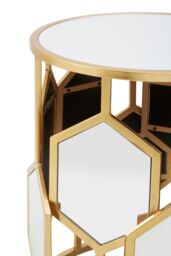 Orsina Luxe Side Table With Hexagonal Mirror, Modern Design Gold Finish Bedside Table, Round Table With Glass Top - thumbnail 3