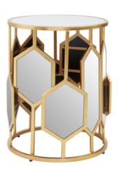 Orsina Luxe Side Table With Hexagonal Mirror, Modern Design Gold Finish Bedside Table, Round Table With Glass Top
