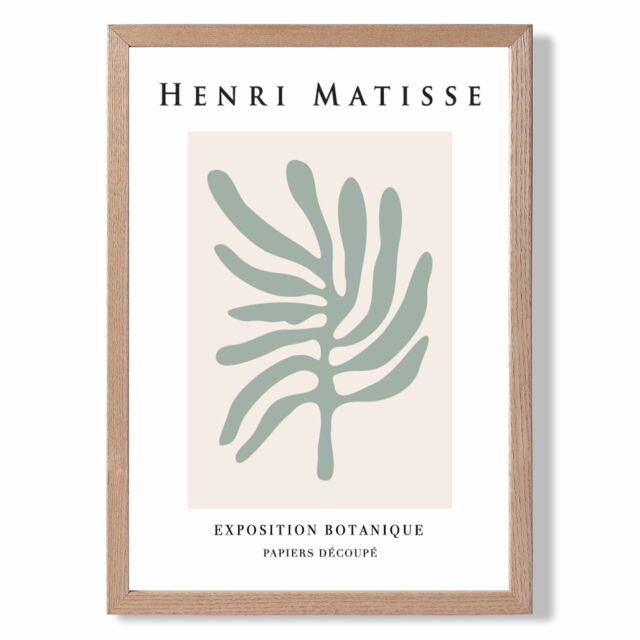 ARTZE Matisse Leaf Sage Green & Beige Exhibition Framed Print SIZE: A3 with Oak Frame in Pale Green - Size: A4 - image 1