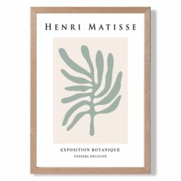 ARTZE Matisse Leaf Sage Green & Beige Exhibition Framed Print SIZE: A3 with Oak Frame in Pale Green - Size: A4