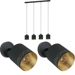 Loops Quad Ceiling Light & 2x Matching Wall Lights Black & Gold Round Fabric Shade