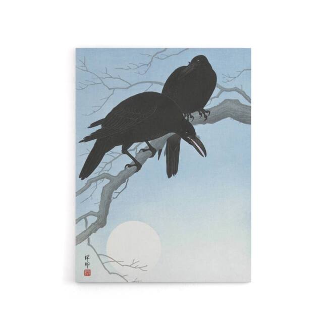 "Artery8 Two Crows On A Tree Branch Canvas Wall Art Print Ohara Koson in Blue - Size: W18"" x H24""" - image 1