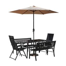 Samuel Alexander Outdoor 6 Person Glass Top Table Benches & Chairs, Parasol & Base in Beige - thumbnail 9