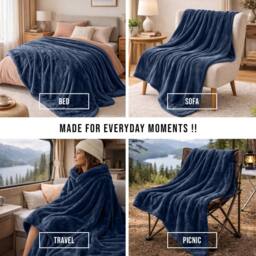 Pamposh Extra Large Flannel Fleece Blankets Reversible Cozy Bed & Sofa Throw in Navy - Size: Medium - thumbnail 8