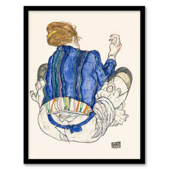 "Artery8 Seated Woman Back View Painting Vintage Framed Wall Art Print Schiele in Blue - Size: W12"" x H16""" - image 1