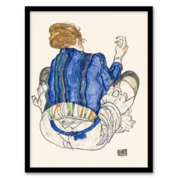 "Artery8 Seated Woman Back View Painting Vintage Framed Wall Art Print Schiele in Blue - Size: W12"" x H16""" - thumbnail 1