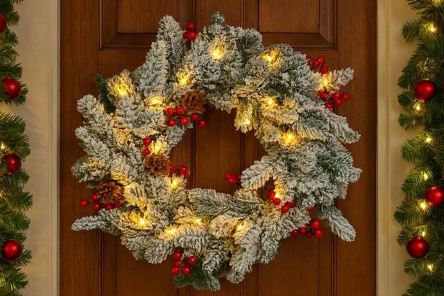 Marco Paul Pre-Lit Christmas Snow Flocked Wreath in White - image 1