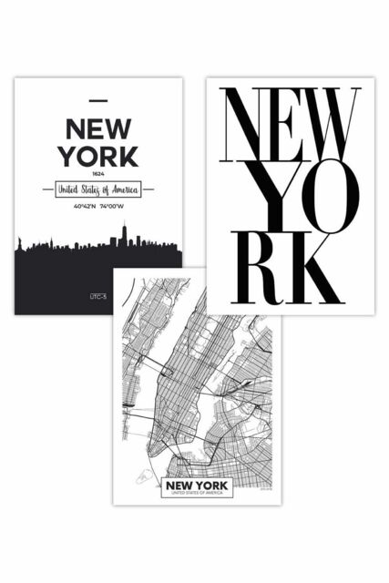 ARTZE Set of 3 NEW YORK Skyline Street Map City Prints Art Posters in Black - Size: W59 cm x H84 cm - image 1