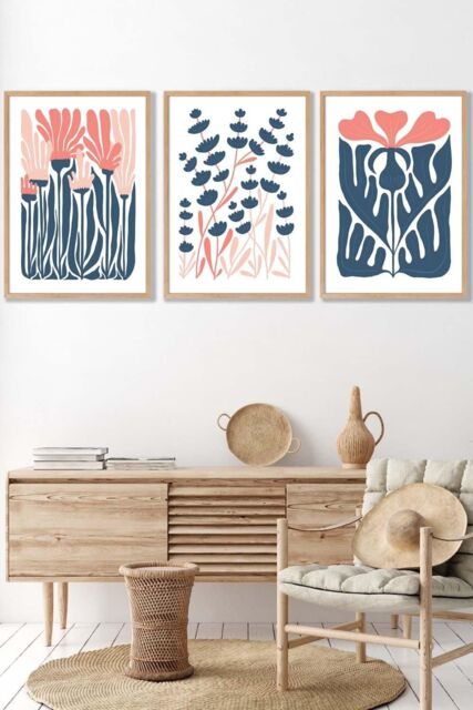 ARTZE Set of 3 Oak Framed Boho Abstract Blue & Pink Floral Wall Art in Navy - Size: W33 cm x H45 cm x D20mm - image 1