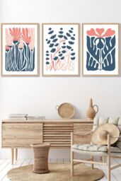 ARTZE Set of 3 Oak Framed Boho Abstract Blue & Pink Floral Wall Art in Navy - Size: W33 cm x H45 cm x D20mm - thumbnail 1