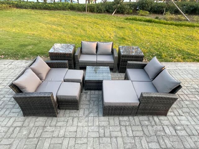 Fimous Outdoor Lounge Sofa Set Wicker PE Rattan Garden Furniture Set with Square Coffee Table Double Seat Sofa 3 Footstools in Dark Grey - image 1