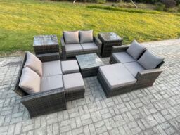 Fimous Outdoor Lounge Sofa Set Wicker PE Rattan Garden Furniture Set with Square Coffee Table Double Seat Sofa 3 Footstools in Dark Grey - thumbnail 2