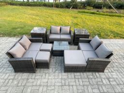 Fimous Outdoor Lounge Sofa Set Wicker PE Rattan Garden Furniture Set with Square Coffee Table Double Seat Sofa 3 Footstools in Dark Grey - thumbnail 1