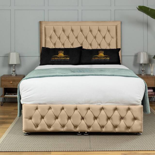 UK Bed Furniture Kingston End Lift Divan Ottoman Bed with 54 Inch Tall Headboard in Beige - Size: Double - image 1
